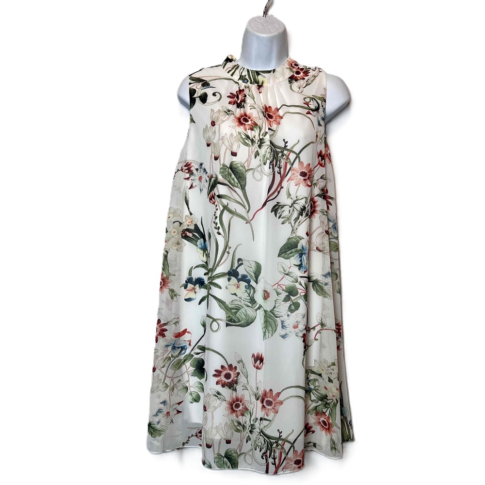 Molly‎ Bracken White Floral Dress Size S Lined Sleeveless High Neck Shift Dress